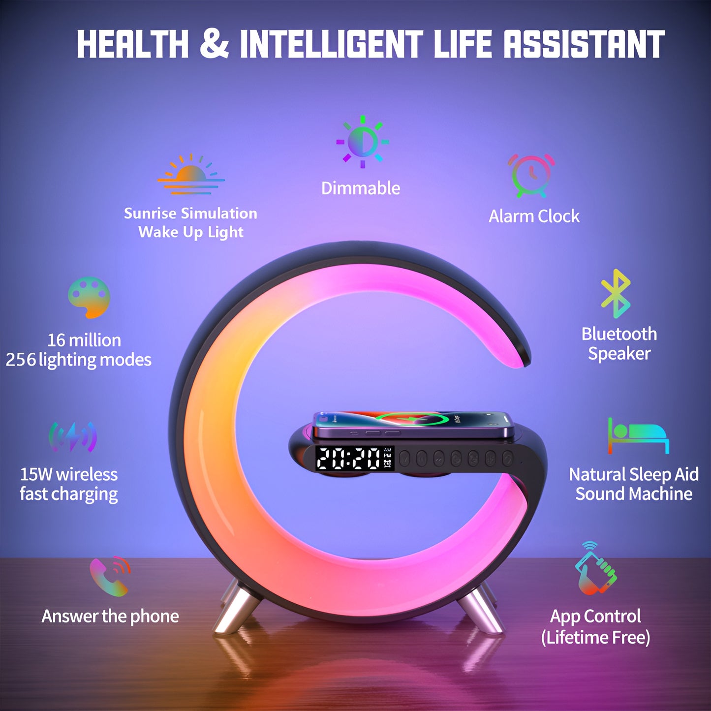 PacificVenue™ 4-in-1 Alarm Clock, Mood Light, Speaker & Wireless Charger